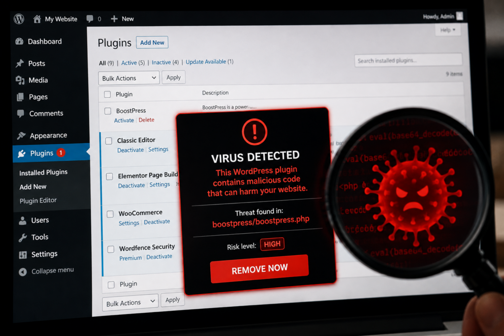 WordPress dashboard showing a malicious plugin update warning